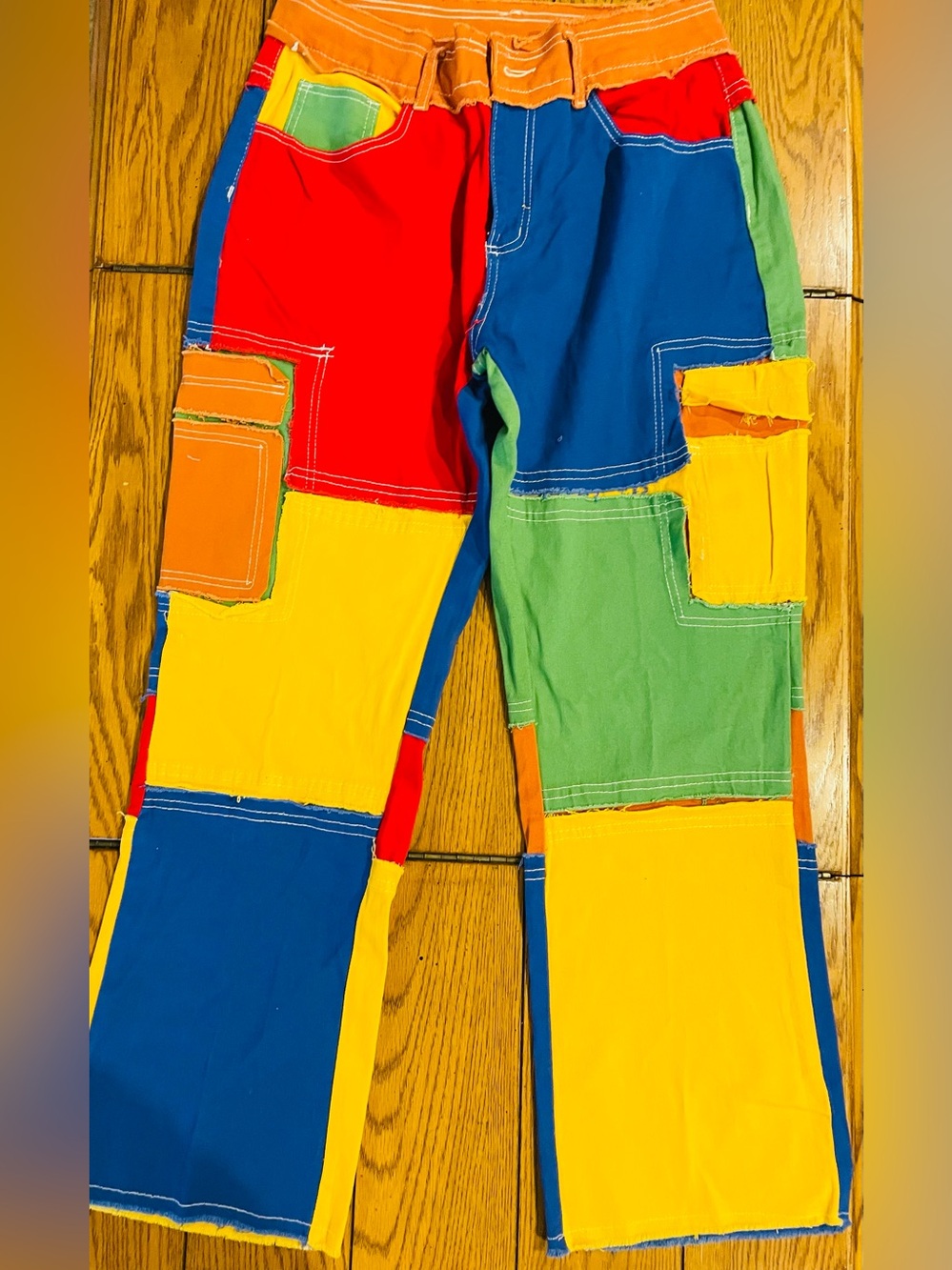Raw edged patchwork pants, XL, multi color, inseam 29 inches